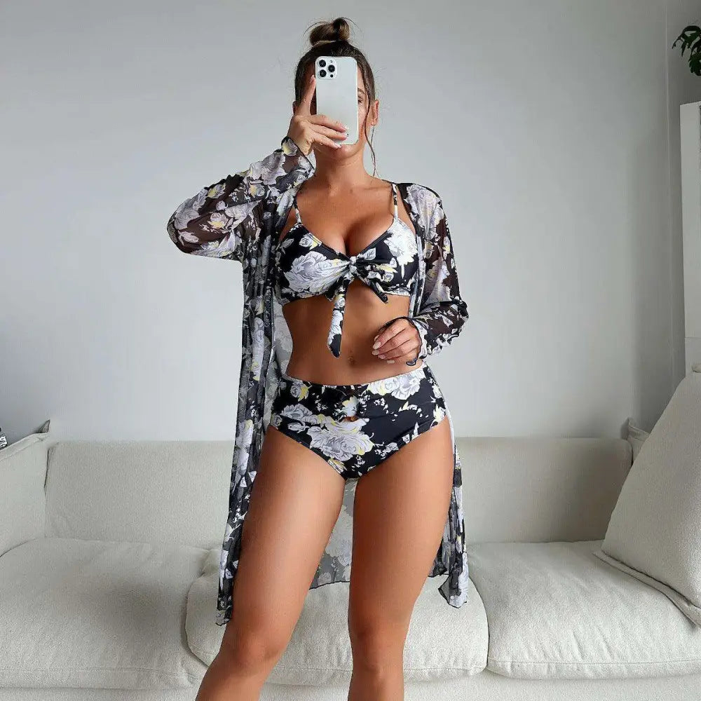 Printed Long-Sleeve Coverup Three-Piece Bikini - S / White Flowers on Black Background - Cover-ups & Kimonos