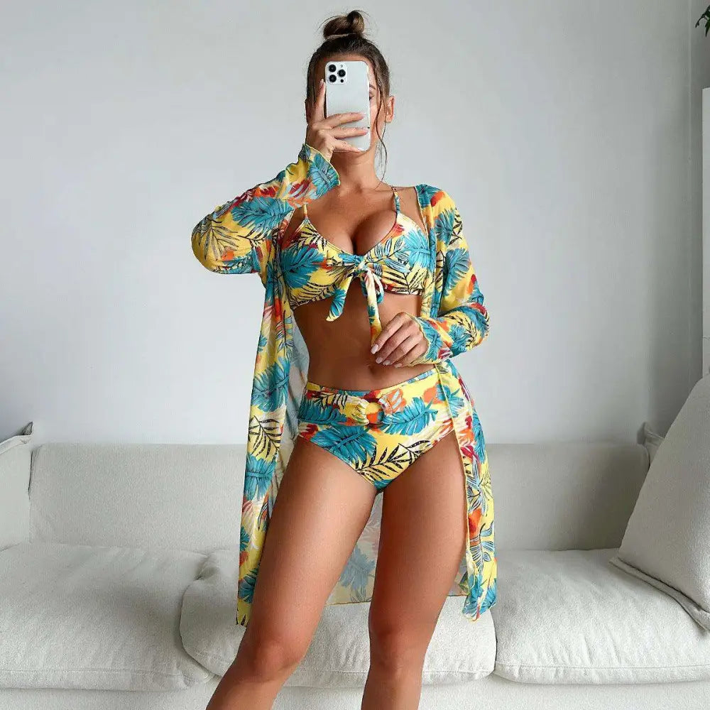 Printed Long-Sleeve Coverup Three-Piece Bikini - S / Yellow - Cover-ups & Kimonos