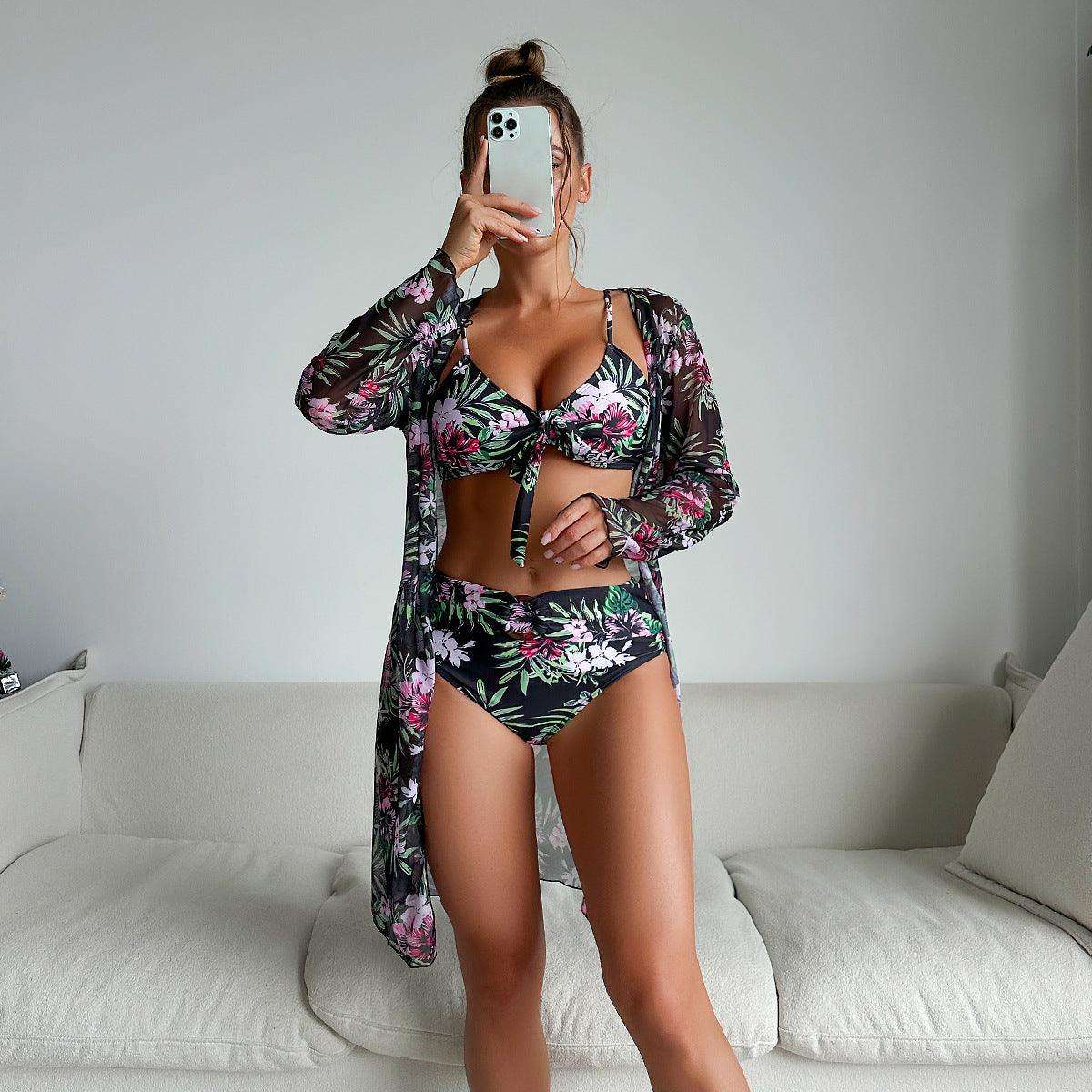 Printed Long-Sleeve Coverup Three-Piece Bikini - Tamra.Shop.Social