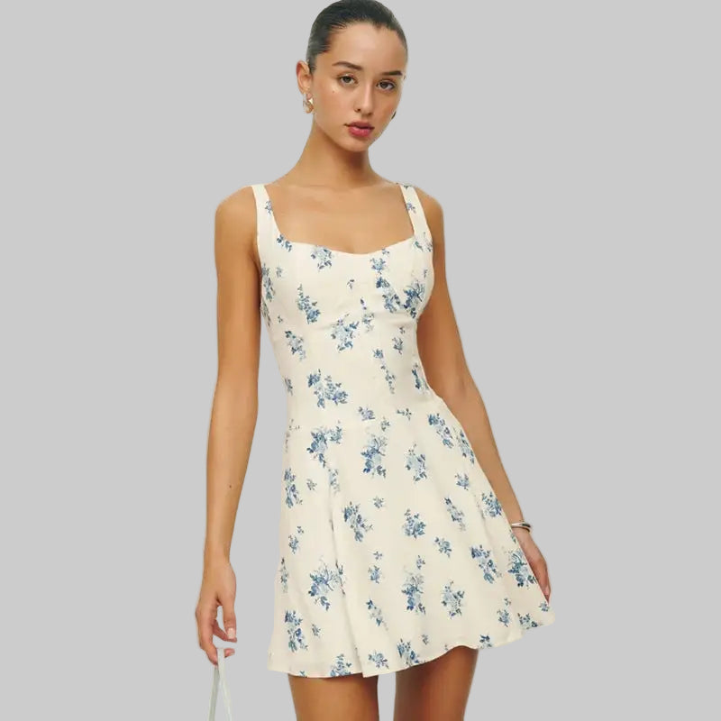 Printed Slip Backless Fresh Sweet Floral A-Line Dress - S / White - Dresses