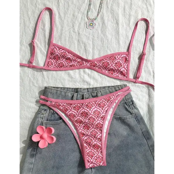 Printed Split Beach Bikini - S / Pink Floral - Bikinis