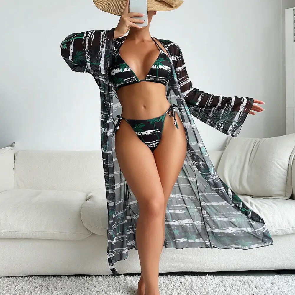 Printing Mesh Sunken Coverup Three-Piece Swimsuit - S / Black - Swimwear