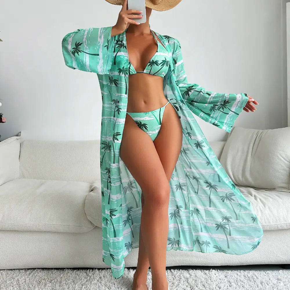 Printing Mesh Sunken Coverup Three-Piece Swimsuit - S / Green - Swimwear