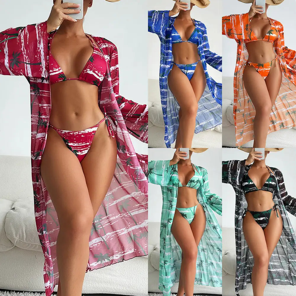 Printing Mesh Sunken Coverup Three-Piece Swimsuit - Swimwear