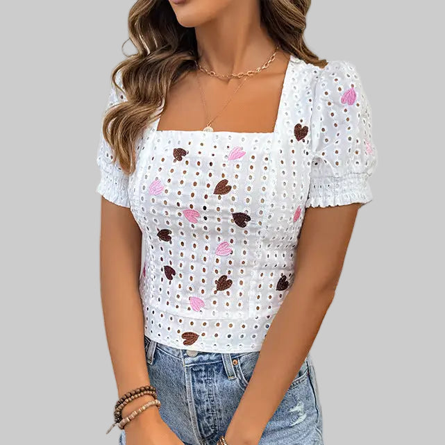 Puff Sleeve Love Square Collar Blouse - S / White - Shirts & Blouses