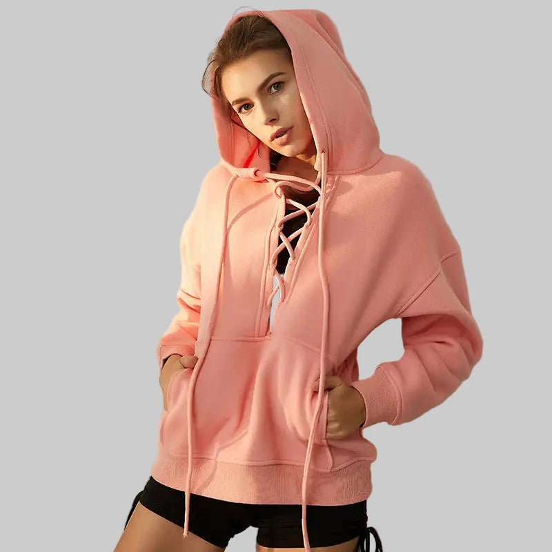 Pure Cotton Fleece Fitness Drawstring Hoodie - S / Peach Pink - Sweatshirts & Hoodies
