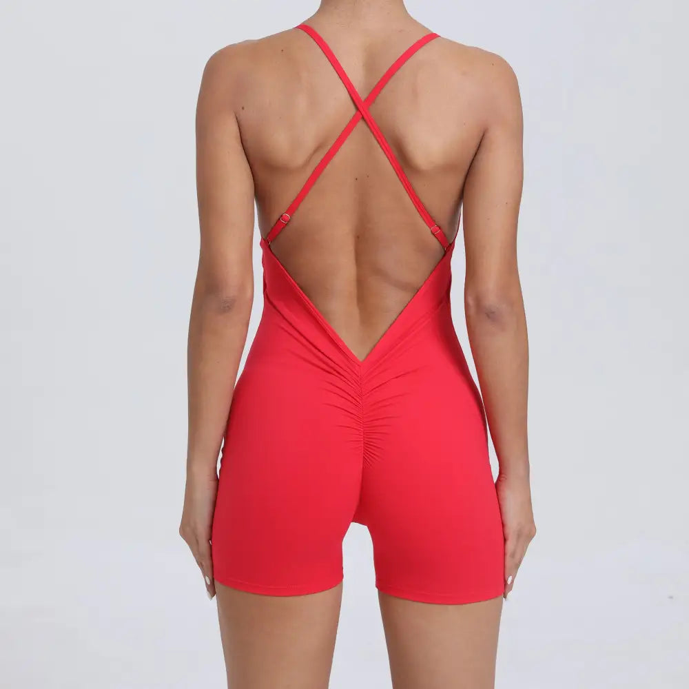 Quick Drying Nude Feel Sports One Piece Running Fitness Tight Yoga Romper - S / Red - Activewear