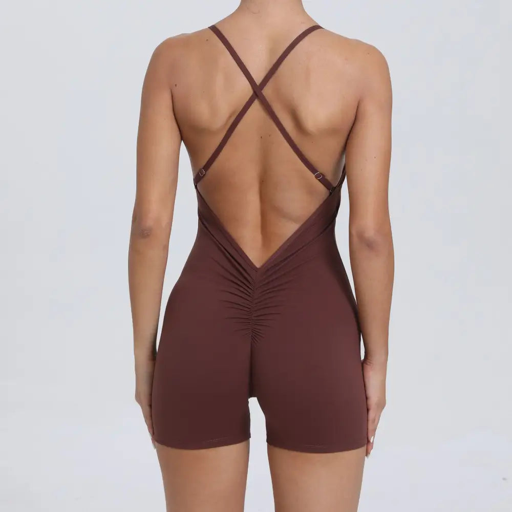 Quick Drying Nude Feel Sports One Piece Running Fitness Tight Yoga Romper - S / Coffee - Activewear