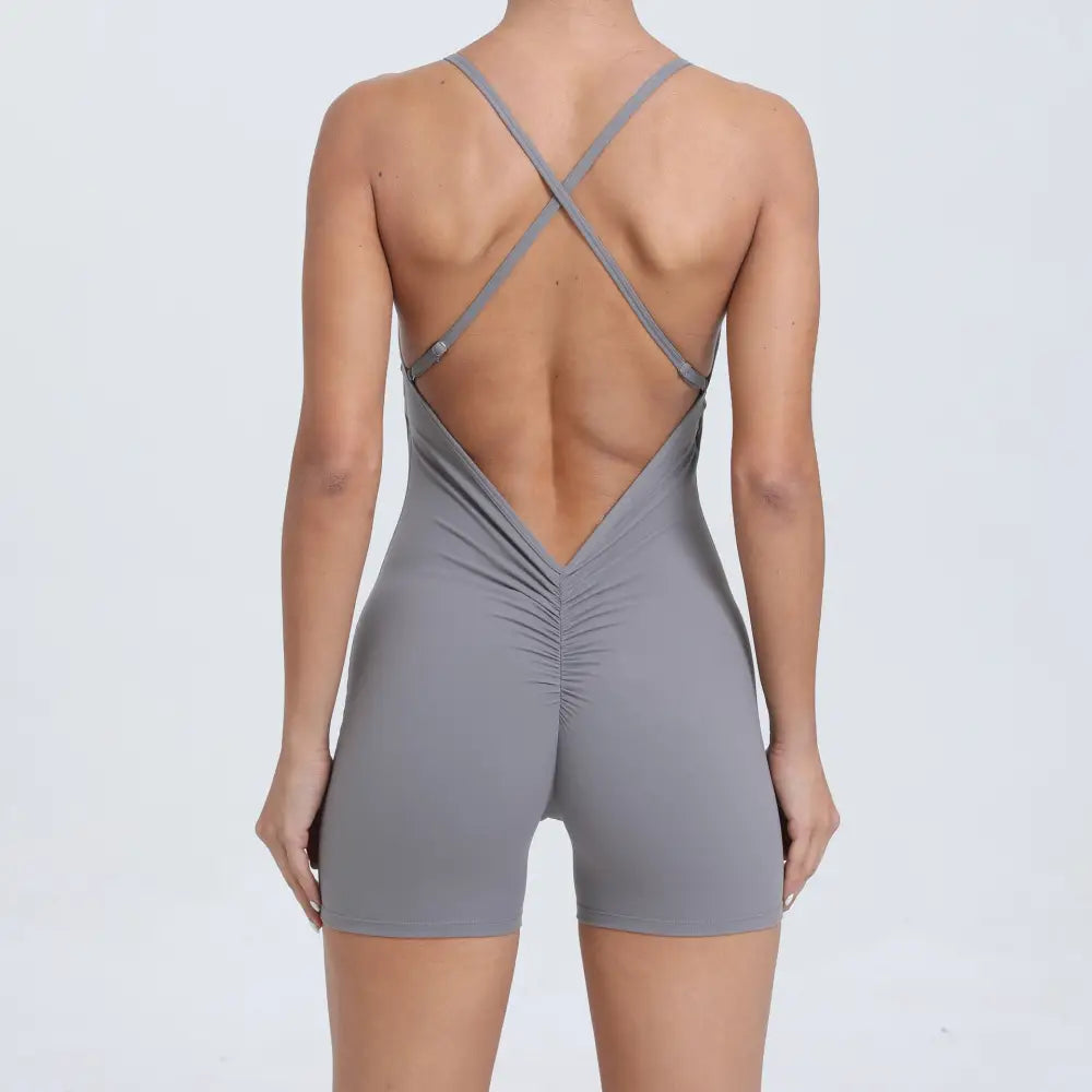 Quick Drying Nude Feel Sports One Piece Running Fitness Tight Yoga Romper - S / Dark Grey - Activewear