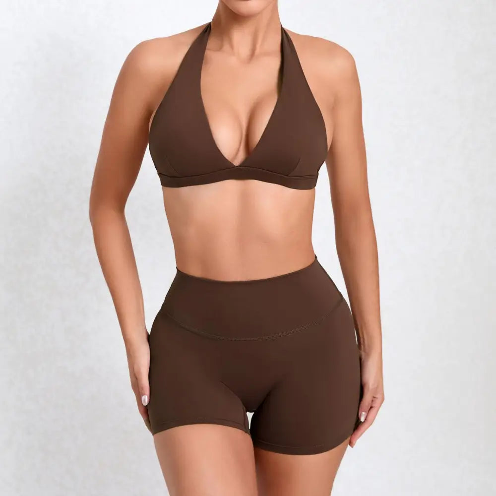 Quick Drying Nude Feel Yoga Sexy Sports Running Fitness Suit - S / Brown - Activewear