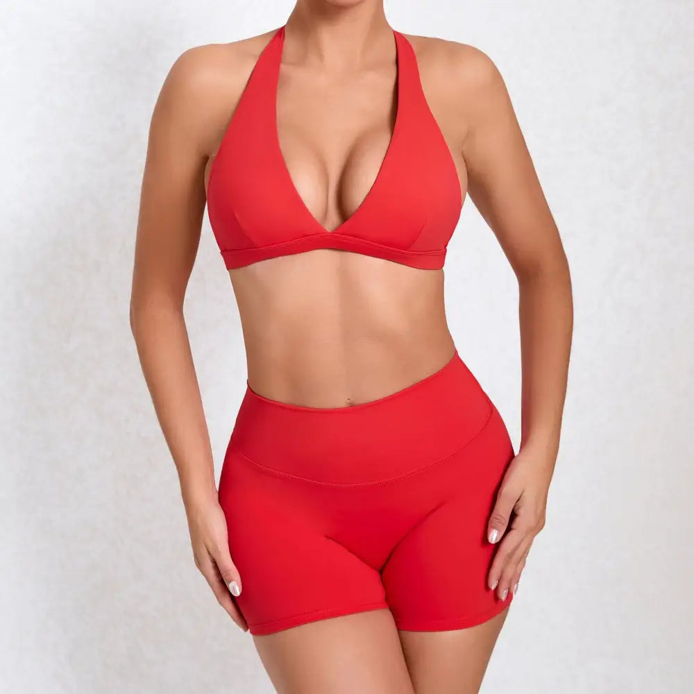Quick Drying Nude Feel Yoga Sexy Sports Running Fitness Suit - S / Red - Activewear