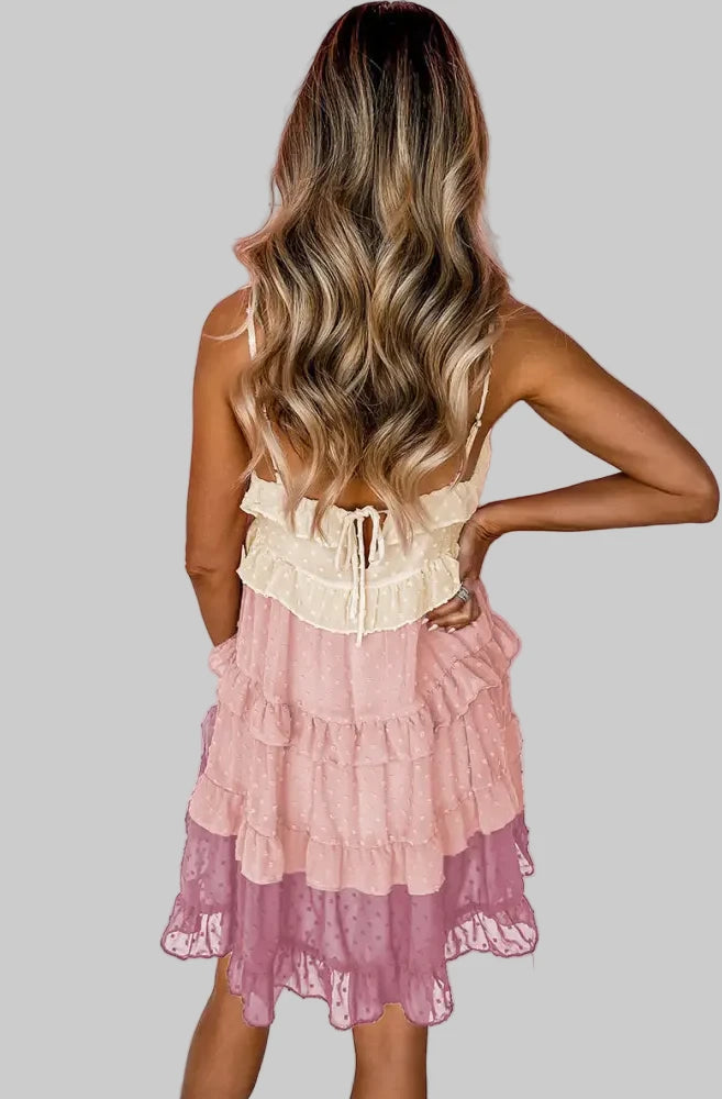 Rainbow Color Stitching Tulle Hem Baby Doll Dress - Dresses