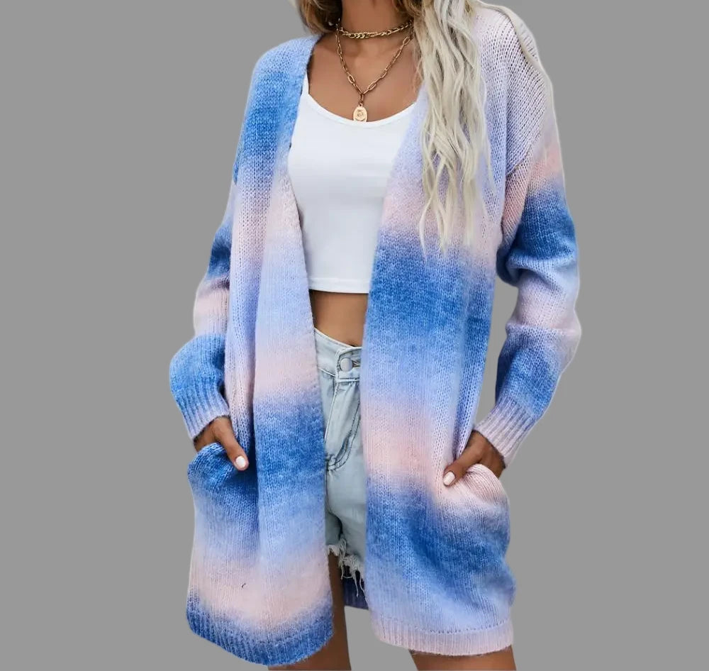 Rainbow Pocket Knitted Tie-Dyed Mid-Length Cardigan - S / Blue - Sweaters & Cardigans