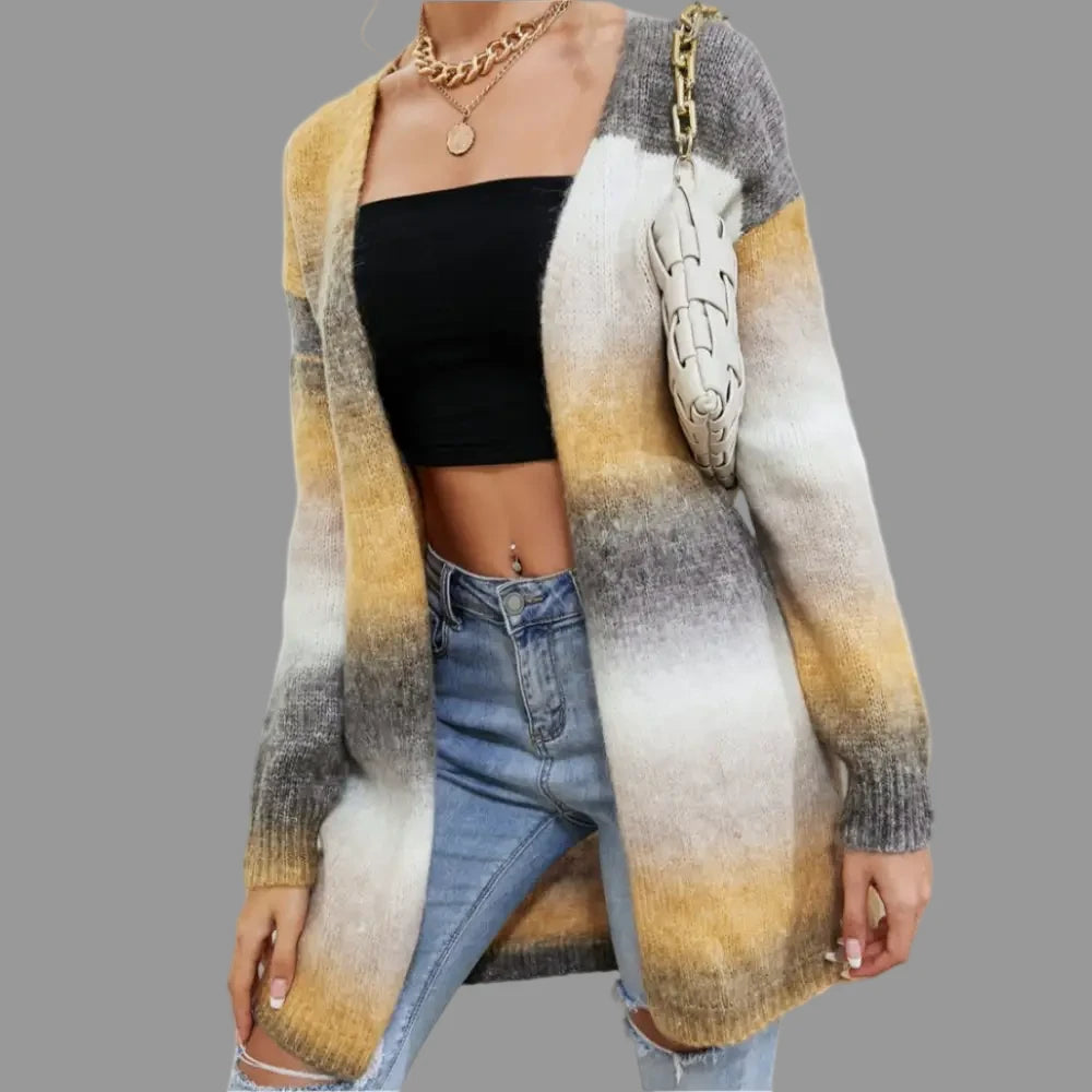 Rainbow Pocket Knitted Tie-Dyed Mid-Length Cardigan - S / Brown Card - Sweaters & Cardigans