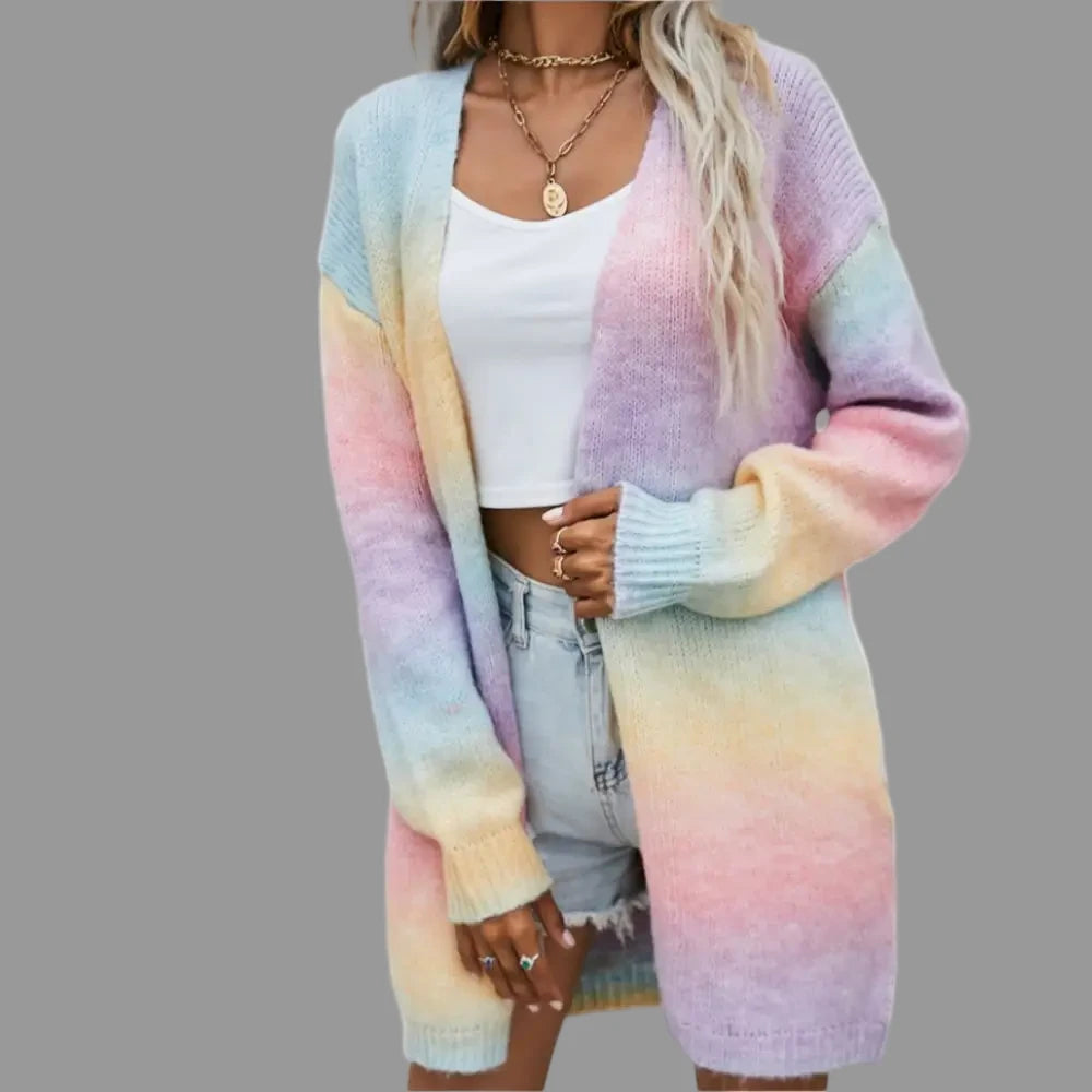Rainbow Pocket Knitted Tie-Dyed Mid-Length Cardigan - S / Pink - Sweaters & Cardigans