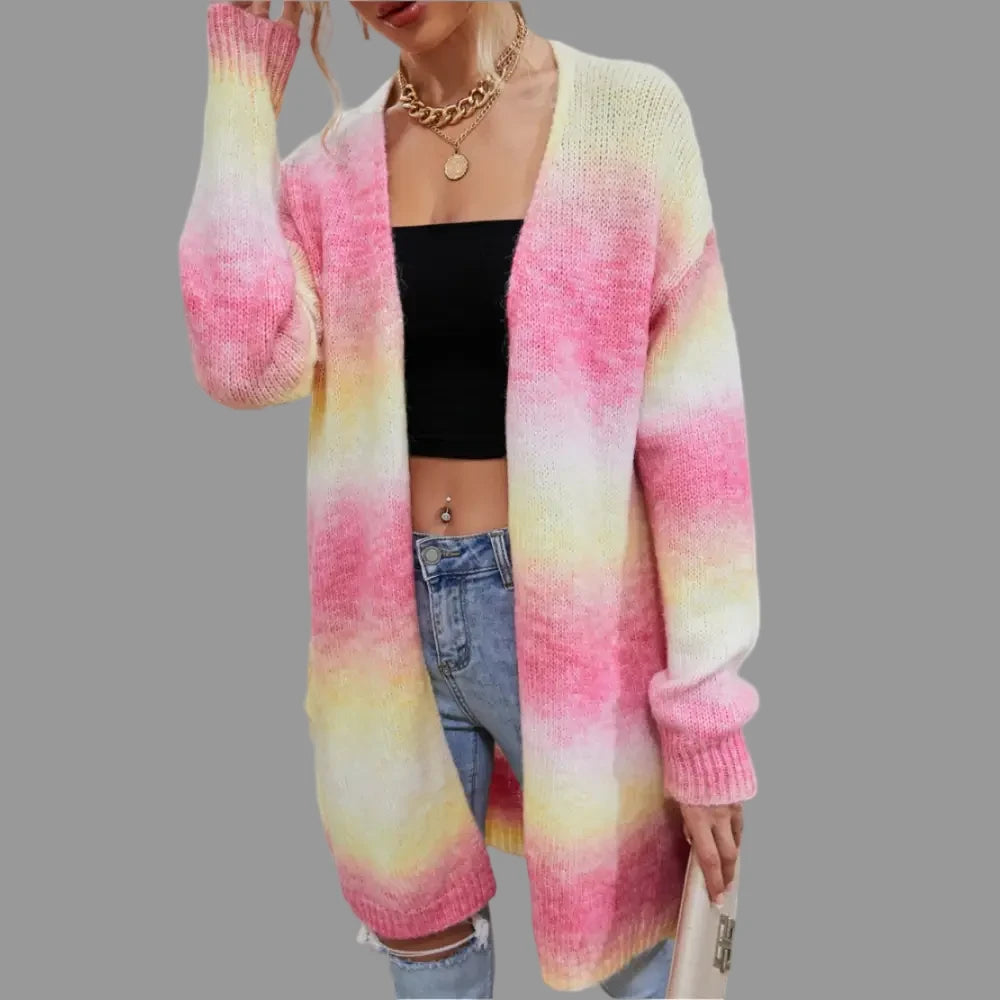 Rainbow Pocket Knitted Tie-Dyed Mid-Length Cardigan - S / watermelon red - Sweaters & Cardigans