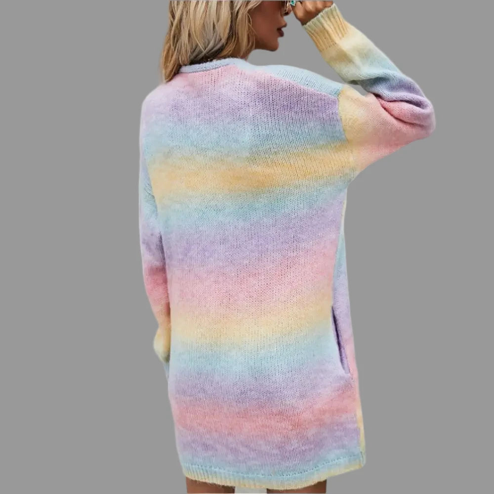 Rainbow Pocket Knitted Tie-Dyed Mid-Length Cardigan - Sweaters & Cardigans