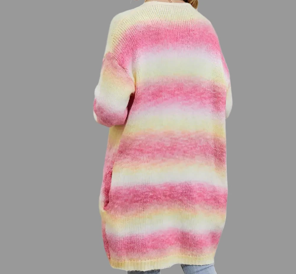 Rainbow Pocket Knitted Tie-Dyed Mid-Length Cardigan - Sweaters & Cardigans