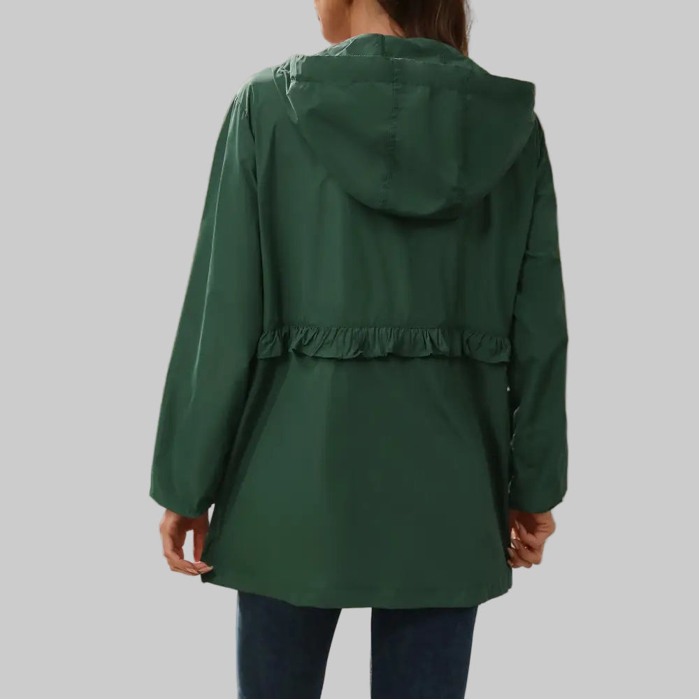 Rainproof Waterproof Ruffled Trim Hooded Trench Coat with Pockets - Outerwear