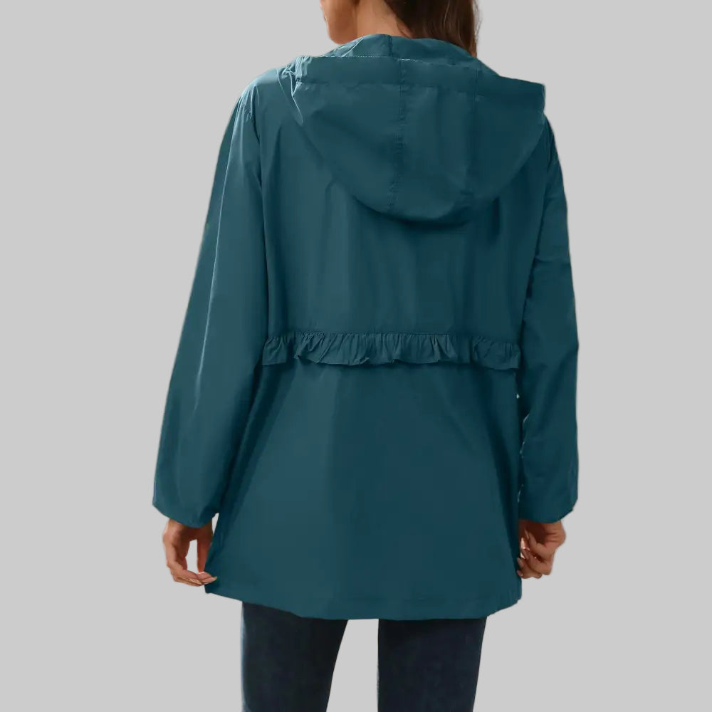 Rainproof Waterproof Ruffled Trim Hooded Trench Coat with Pockets - Outerwear