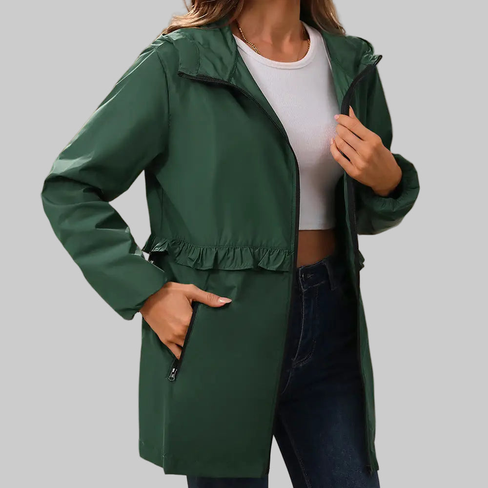 Rainproof Waterproof Ruffled Trim Hooded Trench Coat with Pockets - S / blackish green - Outerwear