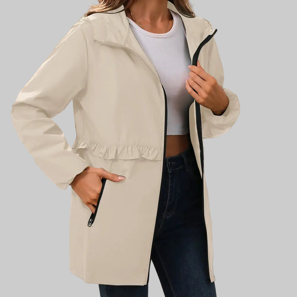 Rainproof Waterproof Ruffled Trim Hooded Trench Coat with Pockets - S / Apricot - Outerwear