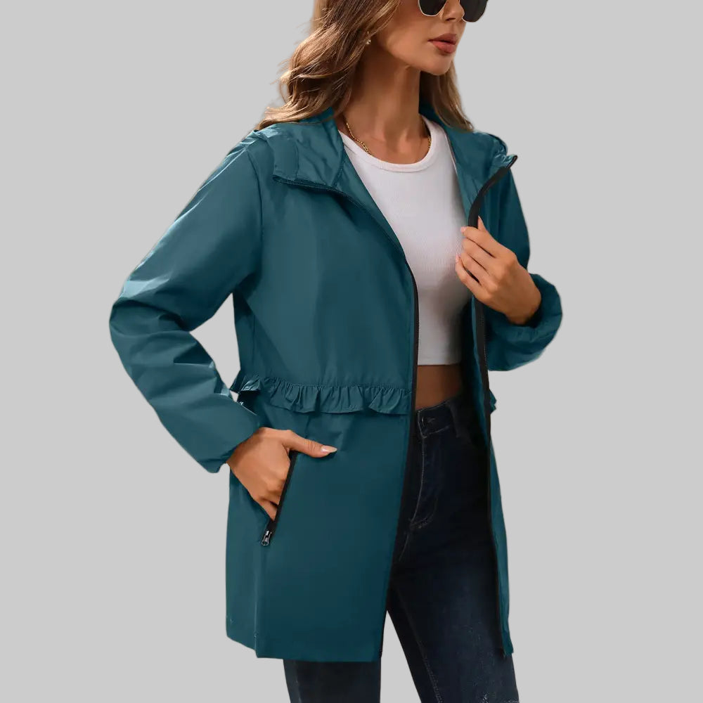 Rainproof Waterproof Ruffled Trim Hooded Trench Coat with Pockets - S / Blue - Outerwear