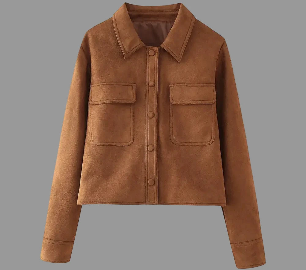 Retro Collared Pocket Suede Jacket - S / Brown - Outerwear