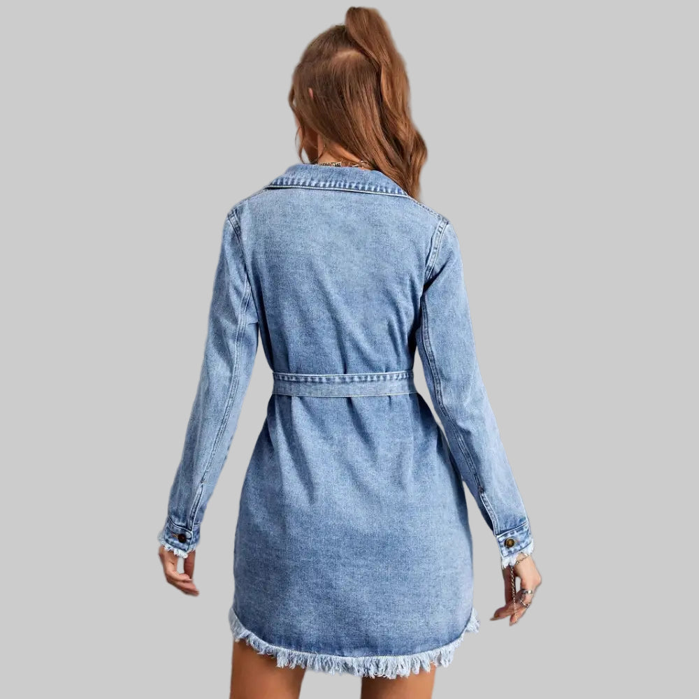 Retro Long Sleeve Denim Dress - Dresses