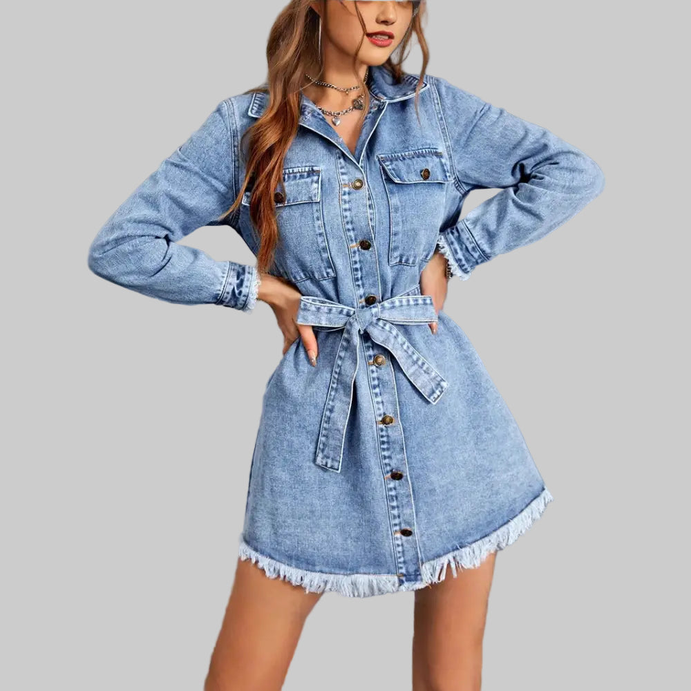 Retro Long Sleeve Denim Dress - XS / Light Blue - Dresses
