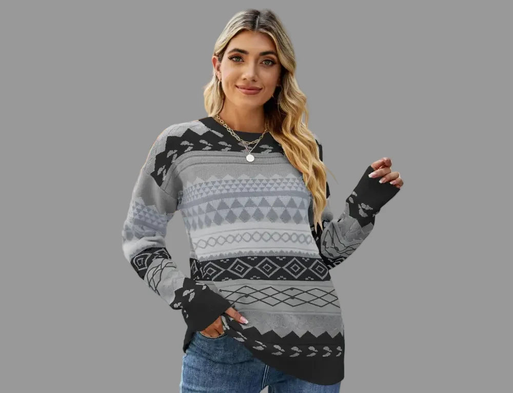 Retro Pattern Rhombus Jacquard Multi Color Knitwear Pullover Sweater - S / Black - Sweaters & Cardigans