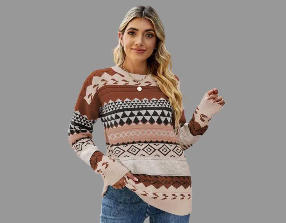 Retro Pattern Rhombus Jacquard Multi Color Knitwear Pullover Sweater - S / Khaki - Sweaters & Cardigans
