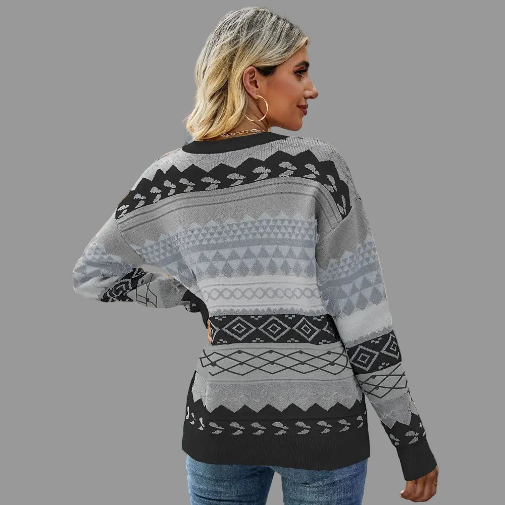 Retro Pattern Rhombus Jacquard Multi Color Knitwear Pullover Sweater - Sweaters & Cardigans