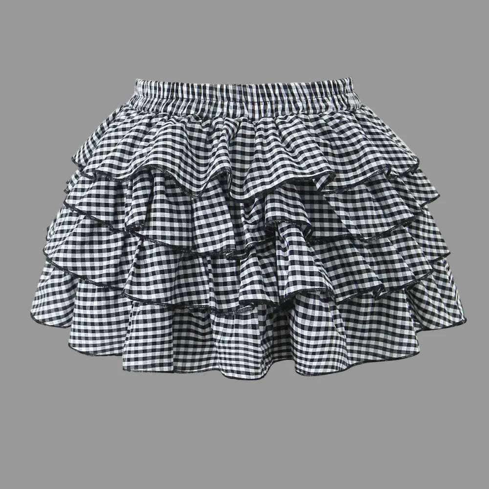 Retro Plaid Elastic High Waist Ruffles Skirt - Skirts