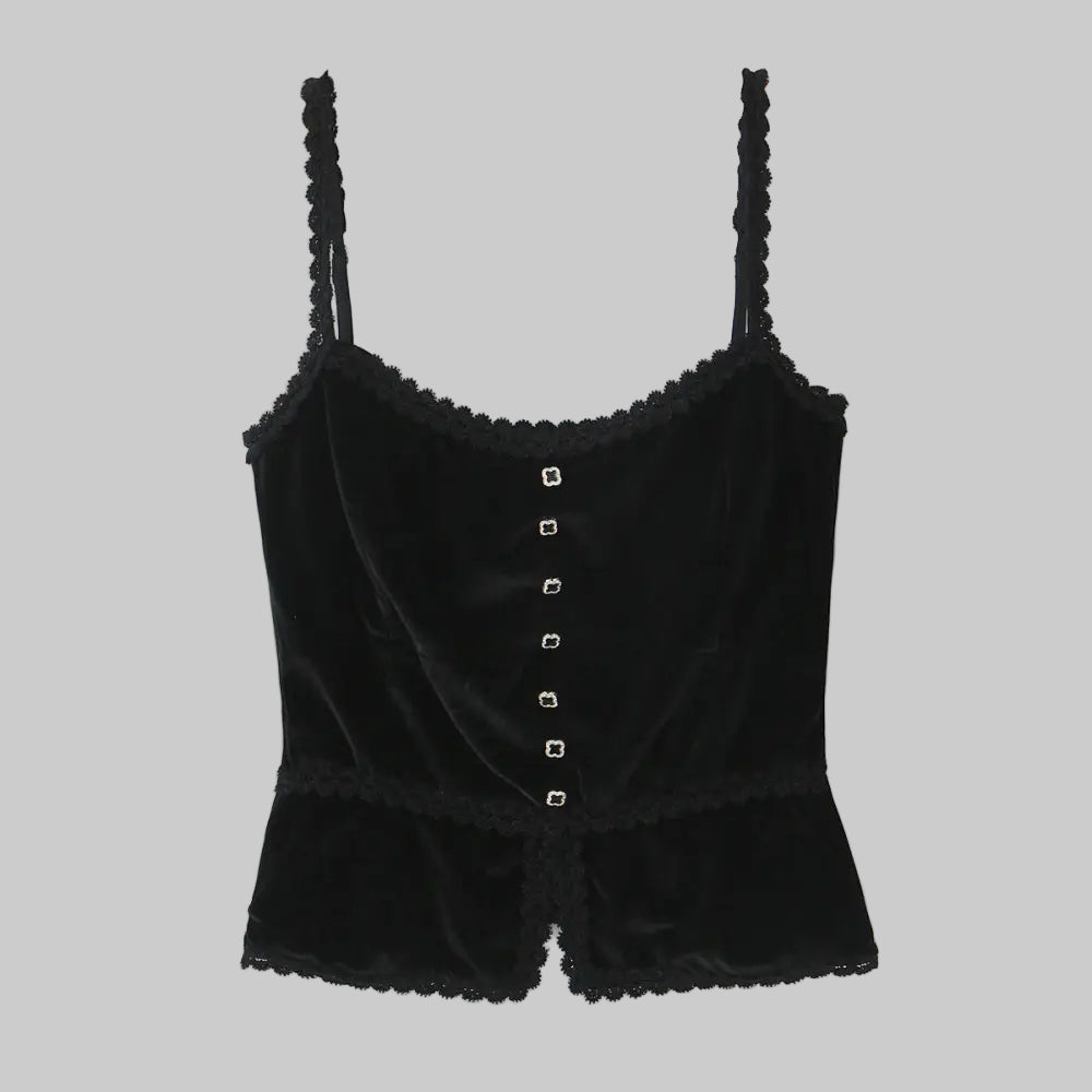 Retro V-neck Lace Slim Fit Velvet Top - S / Black - Tank Tops & Camis