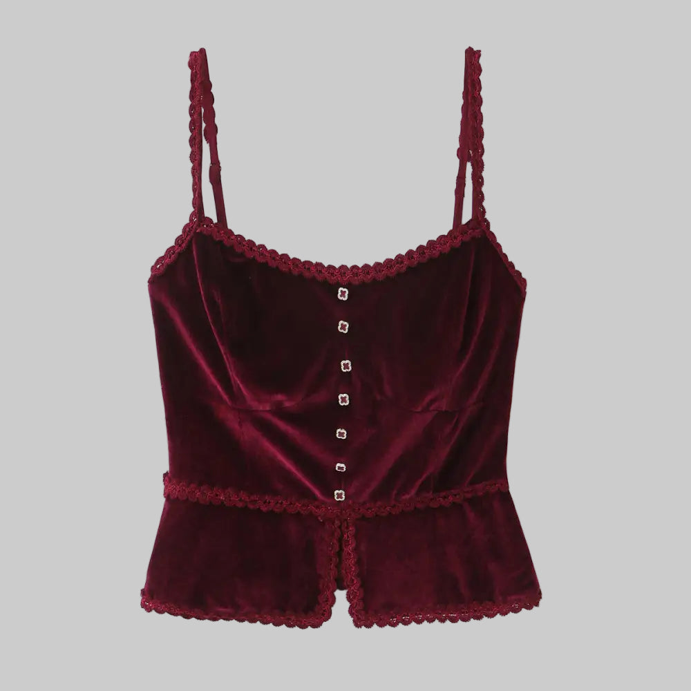 Retro V-neck Lace Slim Fit Velvet Top - S / Burgundy - Tank Tops & Camis