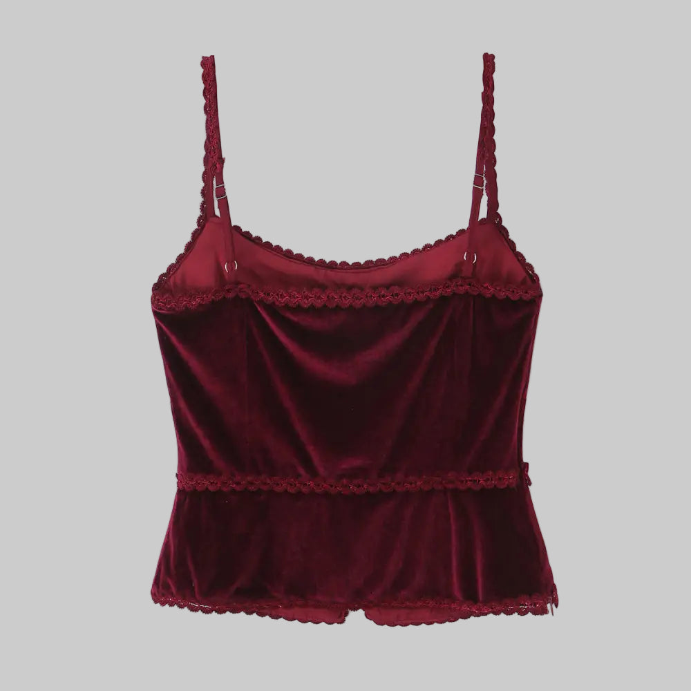 Retro V-neck Lace Slim Fit Velvet Top - Tank Tops & Camis