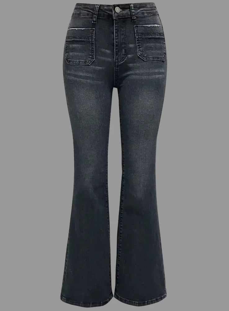 Retro Washed High-Waist Slim Stretch Flared Jeans - S / Black