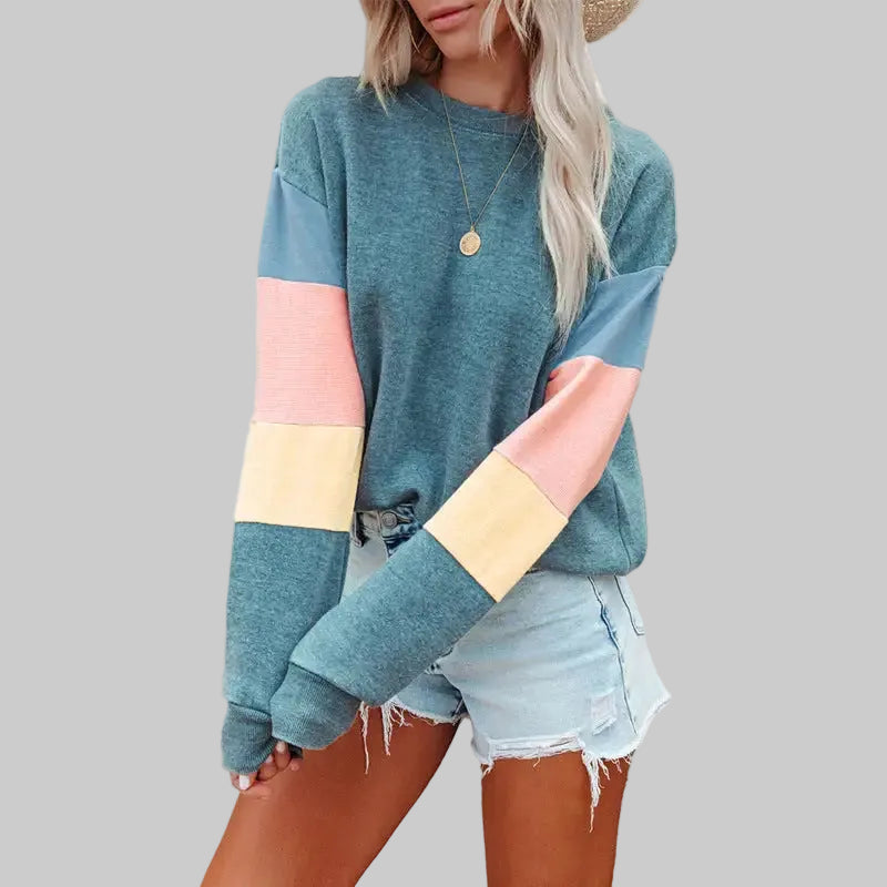 Round Neck Contrast Color Long Sleeve Pullover Sweatshirt - S / Blue - Sweatshirts & Hoodies