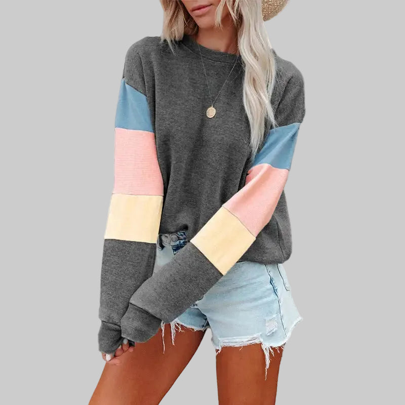 Round Neck Contrast Color Long Sleeve Pullover Sweatshirt - S / Gray - Sweatshirts & Hoodies