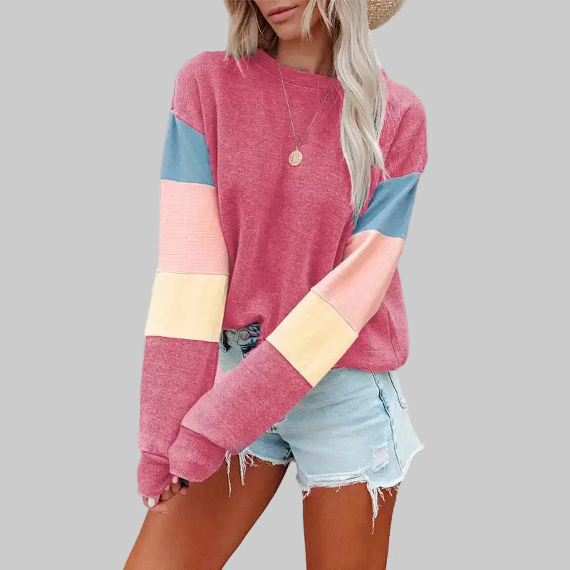 Round Neck Contrast Color Long Sleeve Pullover Sweatshirt - S / Pink - Sweatshirts & Hoodies