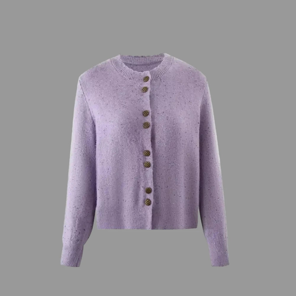 Round Neck Single Breasted Solid Color Slim Fit Sweet Long Sleeve Cardigan - S / Purple - Sweaters & Cardigans