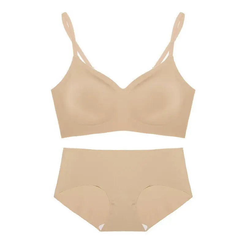 Seamless Comfort V-Neck Shoulder Strap Thin Bra Set - S / Deep Skin - Panty Sets
