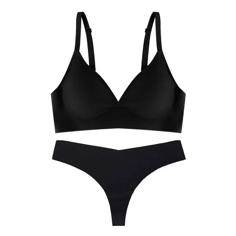 Seamless Comfort Wireless Soft Support Exaggerating U-Back Bra Set - S / Black - Panty Sets