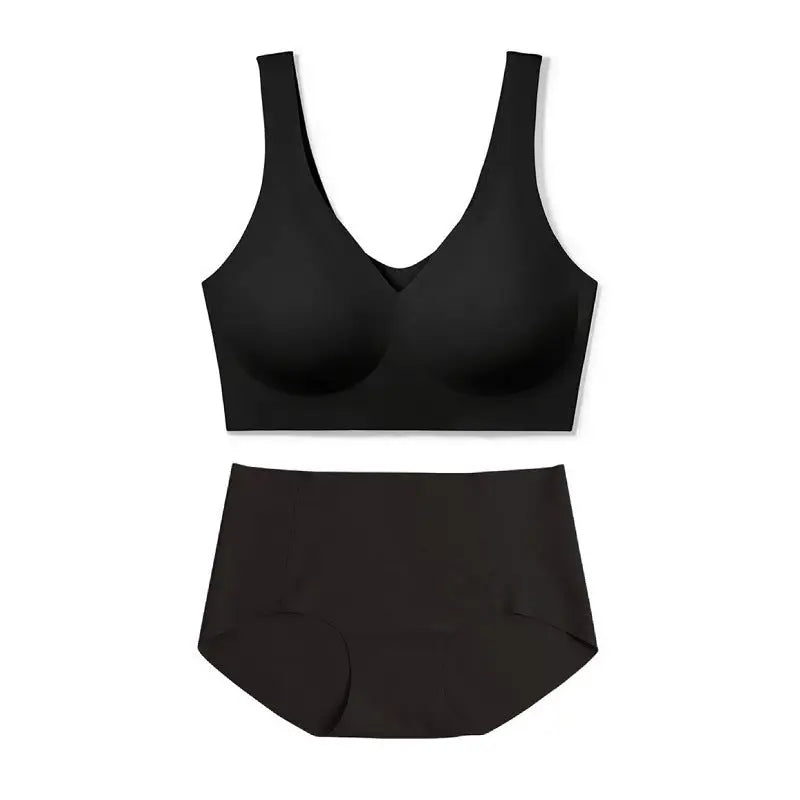Seamless Comfortable V-Neck Width Strap Bra Set - S / Black - Panty Sets