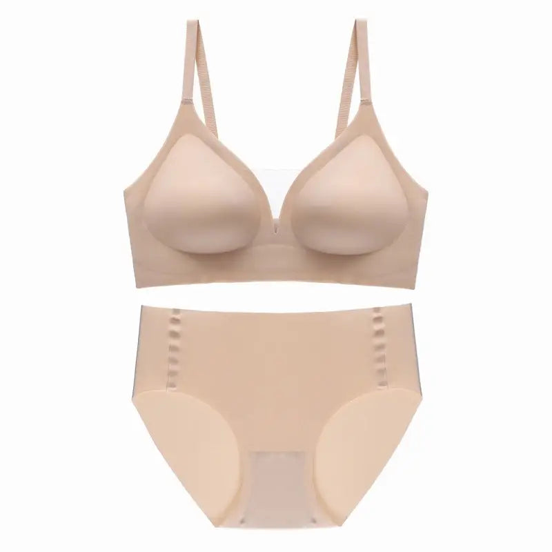Seamless Soft Support Green Mesh V-Neck Thin Breathable Underwired Bra Set - S / Cream - Panty Sets