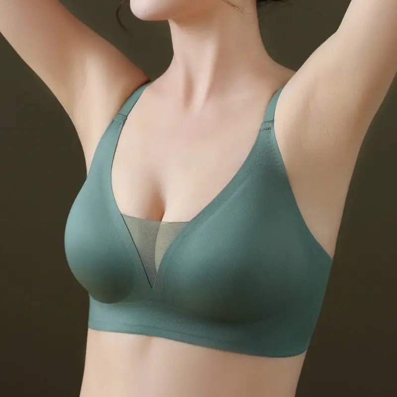 Seamless Soft Support Green Mesh V-Neck Thin Breathable Underwired Bra Set - Panty Sets