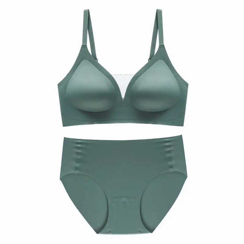 Seamless Soft Support Green Mesh V-Neck Thin Breathable Underwired Bra Set - S / Panty Sets