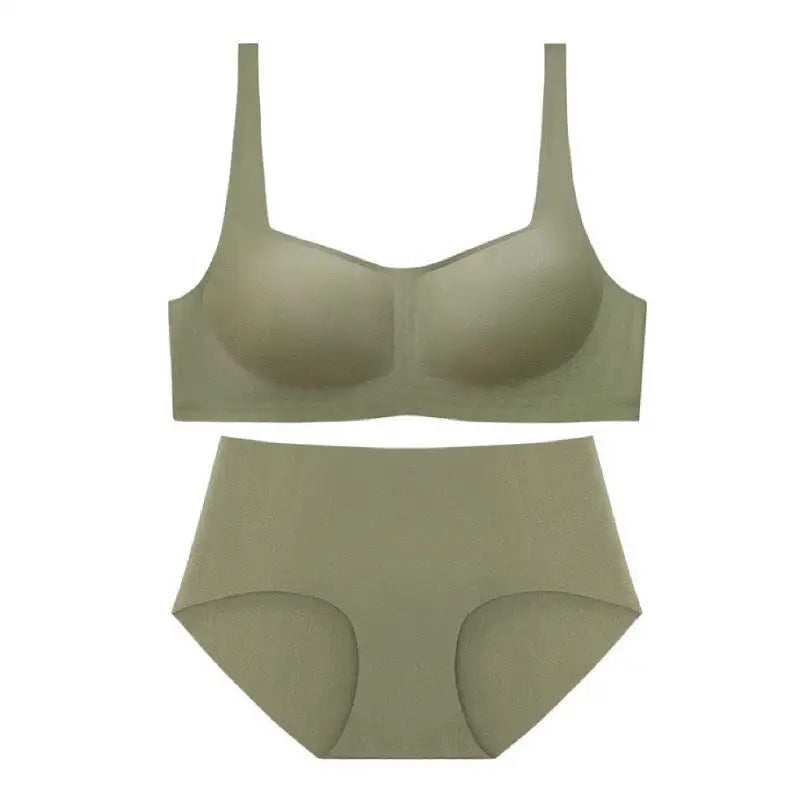 Seamless Square Collar Thin Wireless Soft Support Jelly Bra Set - S / Green Suit - Panty Sets