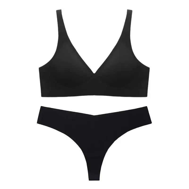 Seamless Thin Wireless Comfortable Soft Sexy V-Shaped Bra Set - S / Black - Panty Sets